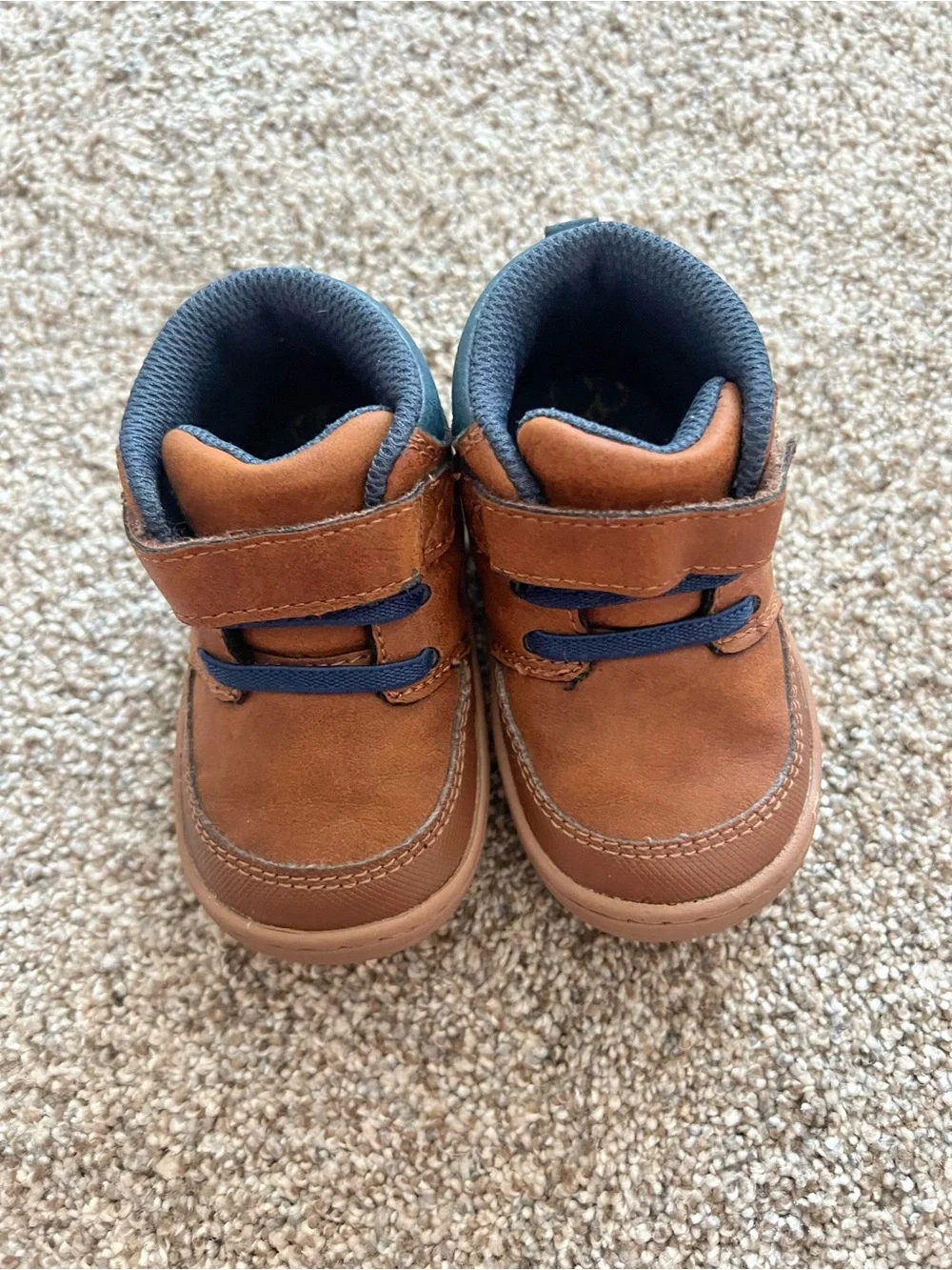 Baby Brown Leather-Look Hook & Loop Boots with Navy Trim
